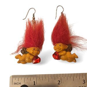 Vintage Russ Troll Cupid Earrings Red Hair Heart Valentine Russ Berry Pair